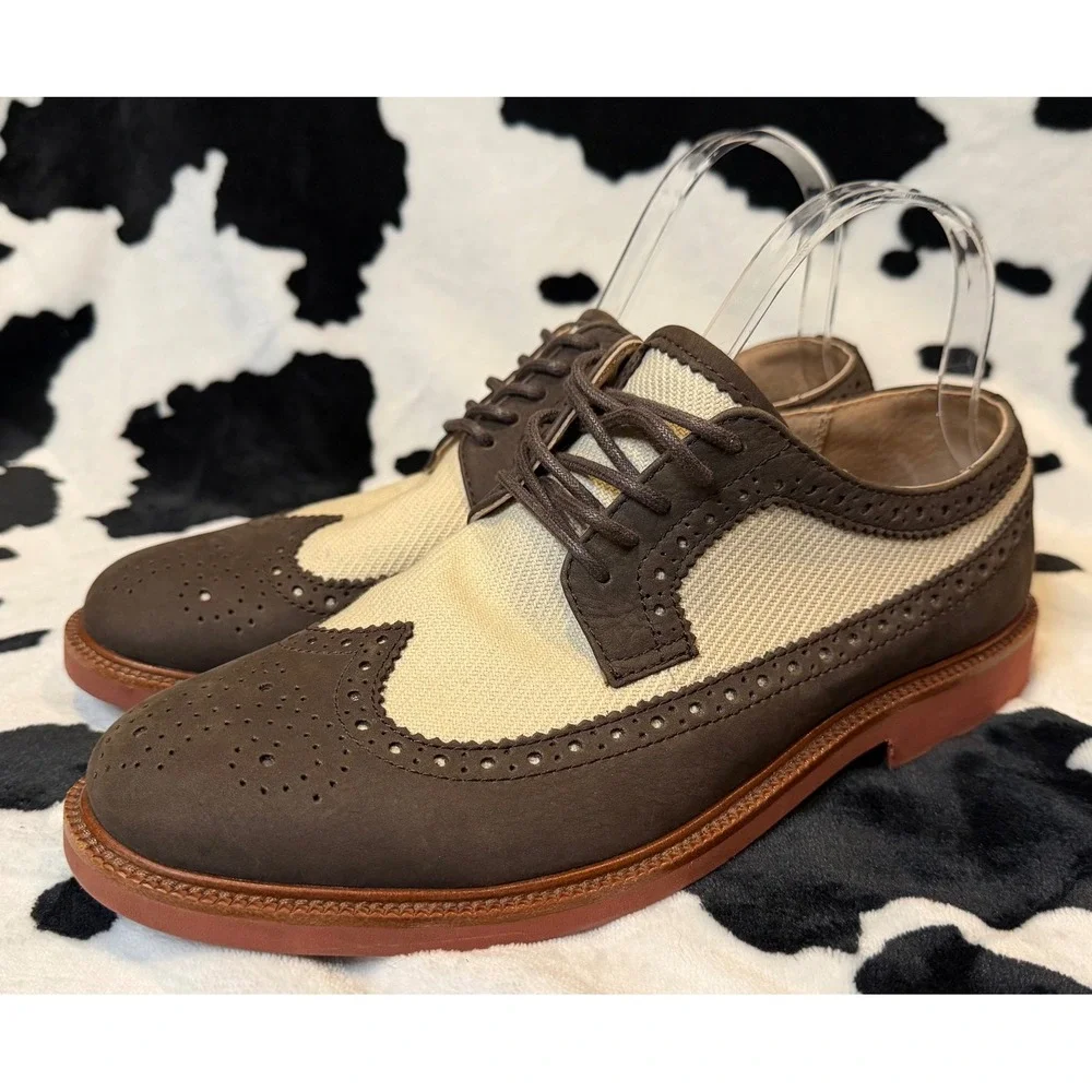 Polo Ralph Lauren Torrington Brown Leather Canvas Wingtip Brogue‎ Shoes 8.5D